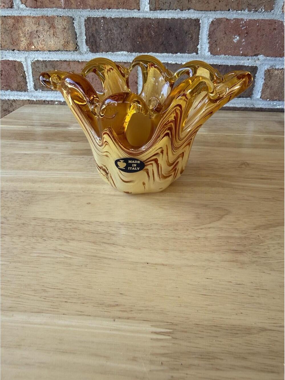 Murano White Cristal 5" Butterscotch Amber Swirl Vase With Tag